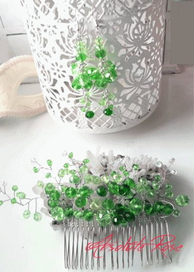 Дизайнерски Гребен- украса за коса зелени кристали комплект с обици модел Evergreen - зелено